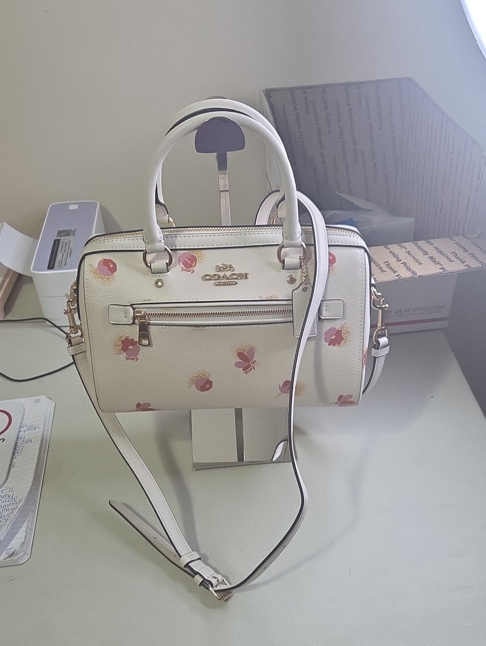 Coach Rowan Cream Floral Mini Satchel with Crossbody Strap